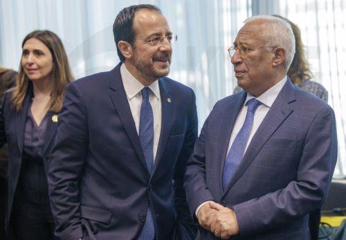 epa12829671 Deputy Minister for European Affairs of Cyprus Marilena Raouna (L), President of Cyprus Nikos Christodoulides (C) and EU Council President Antonio Costa attend the EU Tripartite Social Summit in the EU Council in Brussels, Belgium, 18 March 2026.  EPA/OLIVIER MATTHYS