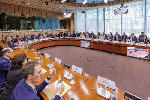 epa12829747 A general view shows the the EU Tripartite Social Summit with European Commission Executive Vice-President for Social Rights and Skills, Quality Jobs and Preparedness, Roxana Mînzatu, EU Commission President Ursula von der Leyen, EU Council President Antonio Costa and President of Cyprus Nikos Christodoulides attending in the EU Council in...