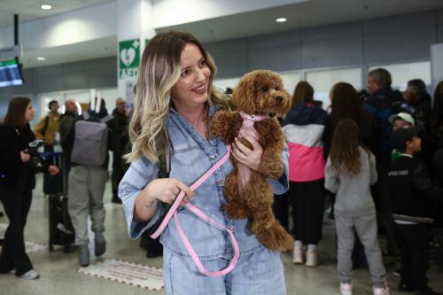 epa12831002 A Greek citizen arrives with her dog after being repatriated on a flight from Abu Dhabi organized by the Greek Ministry of Foreign Affairs at Eleftherios Venizelos Airport in Athens, Greece, 18 March 2026. About 100 Greek nationals were repatriated under the Greek Ministry of Foreign Affairs' special 'Kivotos' operation, which includes the...