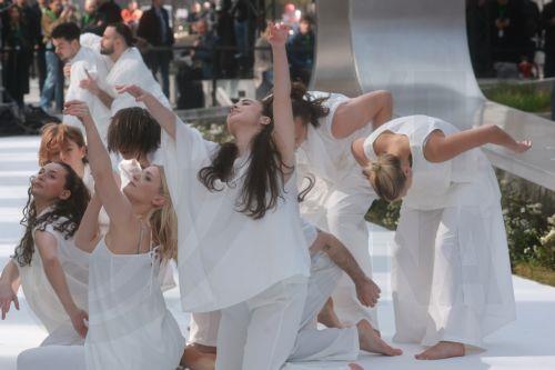 epa12841100 An artistic performance as Belgian officials, victims' families and citizens attendi a memorial ceremony on the 10th anniversary of the Brussels attacks in Brussels, Belgium, 22 March 2026. Brussels was struck by coordinated suicide bombings on 22 March 2016, claimed by the so-called Islamic State. Two blasts detonated in the departure hall of...