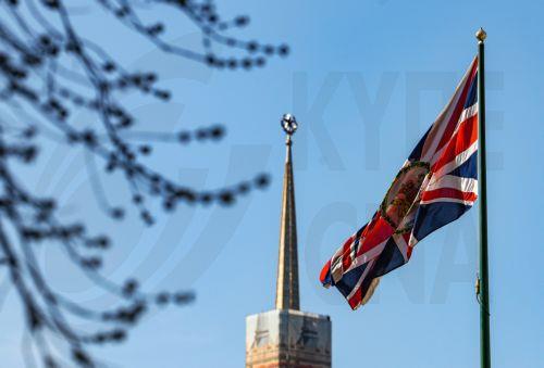 epa12860125 A Union Jack with the royal coat of arms flies at the British Embassy in Moscow, Russia, 30 March 2026. The Second Secretary of the British Embassy in Moscow, Jance Gerardus, has been ordered to leave Russia within two weeks following the revocation of his accreditation by the Russian Federal Security Service (FSB) over espionage allegations. ...