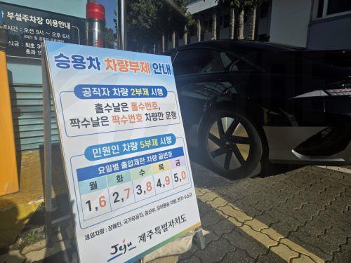 epa12874304 A sign near the entrance of a parking lot at the Jeju provincial government's building in Jeju, Jeju Island, South Korea 08 April 2026, informs drivers of a two-day vehicle rotation system in the public sector that allows only cars with even-numbered plates to be driven for the day. The move is part of the government's efforts to curb energy...