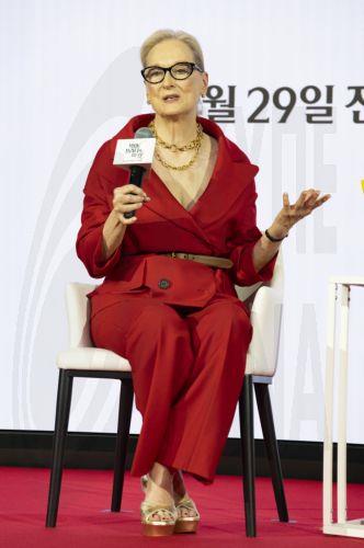 epa12874401 US actor Meryl Streep speaks during a press conference for the film, 'The Devil Wears Prada 2' in Seoul, South Korea, 08 April 2026. The film opens worldwide on 29 April 2026.  EPA/JEON HEON-KYUN