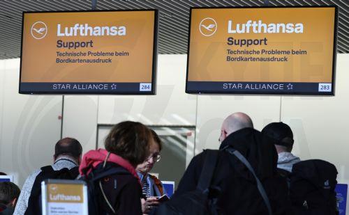 epa12879832 A view of screens for departures of Lufthansa in Terminal 1 during a strike at the international airport at Frankfurt Airport, in Frankfurt am Main, Germany, 10 April 2026. The UFO cabin crew union has called on its members to strike, to press their demands for better wages.  EPA/RONALD WITTEK