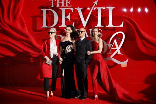 epa12907361 (L-R) Cast members Meryl Streep, Anne Hathaway, Stanley Tucci and Emily Blunt attend the European premiere of 'The Devil Wears Prada 2' at Cineworld Leicester Square & Vue West End in London, Britain, 22 April 2026. The film will be released in cinemas on 01 May 2026.  EPA/TOLGA AKMEN