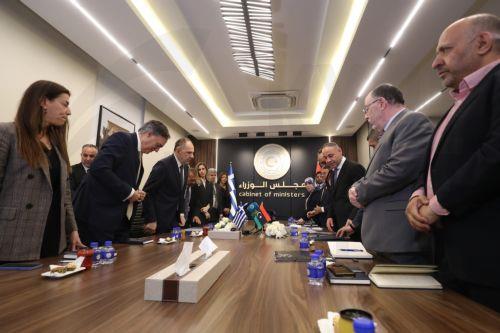 epa12917051 Libya's acting Foreign Minister Taher Al-Baour (3-R) meets with Greek Foreign Minister George Gerapetritis (3-L) in Tripoli, Libya, 27 April 2026.  EPA/STRINGER