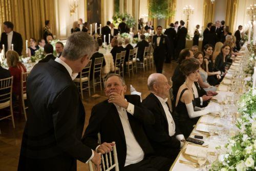 epa12920799 Guests, including US Senator Steve Daines (bottom C), attend a state dinner hosted by US President Donald Trump in honor of Britain's King Charles III and Queen Camilla at the White House in Washington, DC, USA, 28 April 2026. The British royal couple is on a four-day state visit to the US as part of events marking the 250th anniversary of the...