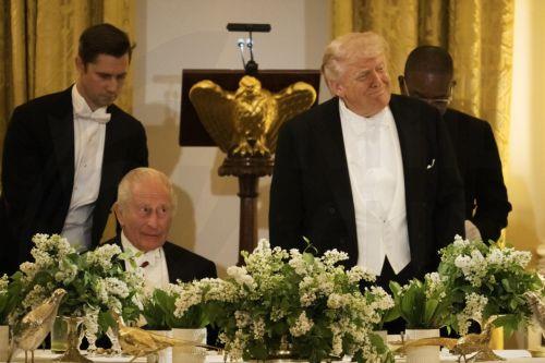 epa12920803 US President Donald Trump and Britain's King Charles III look on after giving remarks during a state dinner at the White House in Washington, DC, USA, 28 April 2026. The British royal couple is on a four-day state visit to the US as part of events marking the 250th anniversary of the Declaration of Independence.  EPA/CRAIG HUDSON / POOL