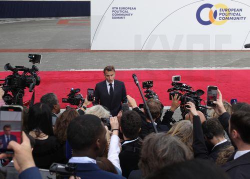 epa12931745 French President Emmanuel Macron speaks to the media upon arriving for a meeting of the European Political Community in Yerevan, Armenia, 04 May 2026. The summit is taking place in the Armenian capital, with topics including European security in the context of economics and energy.  EPA/HAYK BAGHDASARYAN