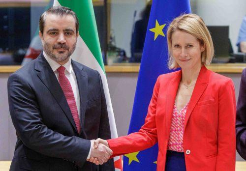 epa12947891 Asaad Hassan al-Shaibani (L), Minister for Foreign Affairs and Expatriates of the Syrian transitional government, shakes hand with Kaja Kallas, European High Representative of the Union for Foreign Affairs, at the first EU-Syria High-level Political Dialogue in Brussels, Belgium, 11 May 2026. The dialogue will be an opportunity to make progress...