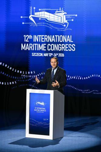 epa12952940 Polish Deputy Prime Minister, Minister of Foreign Affairs Radoslaw Sikorski speaks at the inaugural conversation 'Europe on a strategic course - security, sovereignty and the future of economic cooperation' during the opening of the 12th International Maritime Congress at the Polish Theatre in Szczecin, north-western Poland, 13 May 2026. For two...