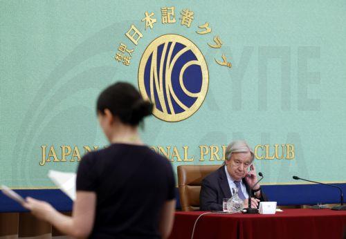 epa12977140 UN Secretary-General Antonio Guterres listens to a question from a journalist during a press conference at Japan National Press Club in Tokyo, Japan, 20 May 2026. Guterres is on a four-day visit to Japan as the country marks the 70th anniversary of joining the UN.  EPA/FRANCK ROBICHON