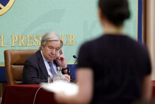 epa12977141 UN Secretary-General Antonio Guterres listens to a question from a journalist during a press conference at Japan National Press Club in Tokyo, Japan, 20 May 2026. Guterres is on a four-day visit to Japan as the country marks the 70th anniversary of joining the UN.  EPA/FRANCK ROBICHON