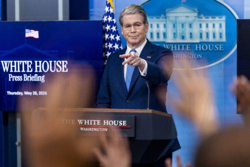 epa13001246 US Treasury Secretary Scott Bessent responds to a question from reporters during the daily briefing at the White House in Washington, DC, USA, 28 May 2026. Bessent took questions on several topics, including Iran negotiations, Trump's 'anti-weaponization' fund and a proposed '250 dollar' commemorative bill.  EPA/SHAWN THEW