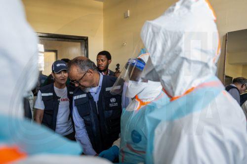 epa13006207 World Health Organization (WHO) Director-General Tedros Adhanom Ghebreyesus (C) visits a renovated building designed for the treatment of Ebola virus patients in Bunia, Ituri, Democratic Republic of Congo, 31 May 2026. According to WHO, the Bundibugyo virus disease (BVD) outbreak in the Democratic Republic of the Congo and Uganda continues to...