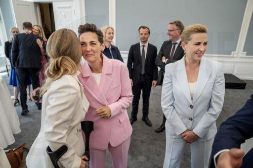 epa13012715 Danish Prime Minister Mette Frederiksen (R), Minister of Employment and Minister for Gender Equality Ane Halsboe-Joergensen (L), and Minister of Economy and the Interior Pia Olsen Dyhr (C) during government's new ministers meeting at the Prime Minister's Office before heading to Amalienborg Castle in Copenhagen, Denmark, 03 June 2026. Denmarks...
