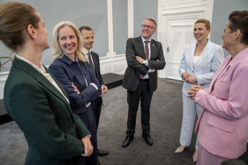 epa13012718 (L-R) Danish Environment Minister Maria Reumert Gjerding, Minister of Health and Church Affairs Ida Auken, Minister of Finance Peter Hummelgaard, Minister of Immigration and Integration Morten Boedskov, Prime Minister Mette Frederiksen and Minister of Economy and Interior Pia Olsen Dyhr during government's new ministers meeting at the Prime...
