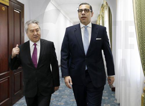 epa13024028 Cypriot Foreign Minister Constantinos Kombos (R) and Kyrgyz Foreign Minister Jeenbek Kulubayev (L) meet in Bishkek, Kyrgyzstan, 08 June 2026. Kombos is on an official visit to Bishkek.  EPA/IGOR KOVALENKO