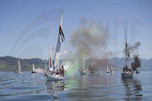 epa13034272 Boats from the Gaza Freedom Flotilla participate in the rally 'The G7 Can stop the Genocide' on Lake Geneva ahead of the upcoming G7 summit, off the coast of Lausanne, Switzerland, 13 June 2026. The summit will be held in Evian-les-Bains, France, near the Swiss border, from 15 to 17 June 2026.  EPA/JEAN-CHRISTOPHE BOTT