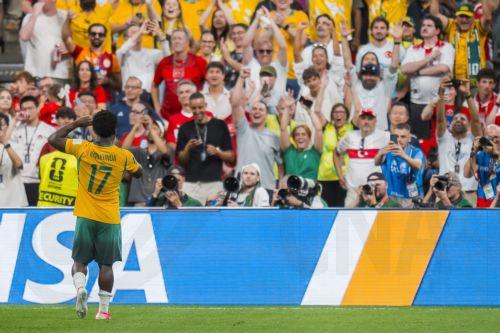 epa13035925 Nestory Irankunda of Australia celebrates his goal in the first half during the FIFA World Cup 2026 group stage match Australia against Turkey, in Vancouver, Canada, 13 June 2026.  EPA/BOB FRID