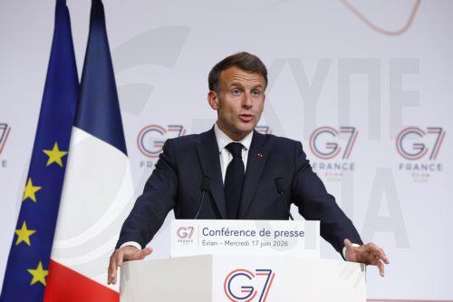 epa13044457 French President Emmanuel Macron attends a press conference at the Hotel Royal during the G7 summit in Evian-les-Bains, France, 17 June 2026. The 52nd G7 Summit takes place in Evian-les-Bains from 15 to 17 June 2026.  EPA/YOAN VALAT