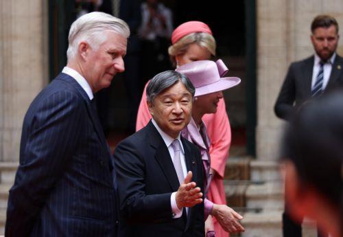 epa13058430 Japanese Emperor Naruhito (2-L), Empress Masako (3-L), Belgian King Philippe (L) and Queen Mathilde (2-R) visit the Brussels City Hall, during a state visit in Brussels, Belgium, 23 June 2026.  EPA/NICOLAS ECONOMOU / POOL