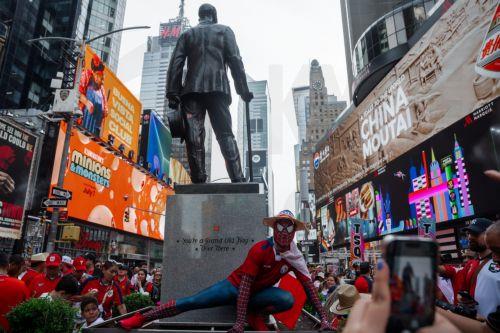 epa13067834 A Panama soccer fan dressed in a Spiderman outfit poses in Times Square one day before their team plays against England, in New York, New York USA, 26 June 2026.  EPA/OLGA FEDOROVA
