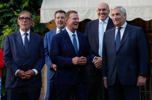 epa13081412 (L-R) Italian Senate President Ignazio La Russa, Italian Minister of Sustainable Infrastructure and Mobility Matteo Salvini, US Ambassador to Italy and San Marino Tilman Fertitta, Italian Minister of Defence Guido Crosetto, and Italy's Minister for Foreign Affairs Antonio Tajani attend an event at Villa Taverna, the US ambassador's residence, to...