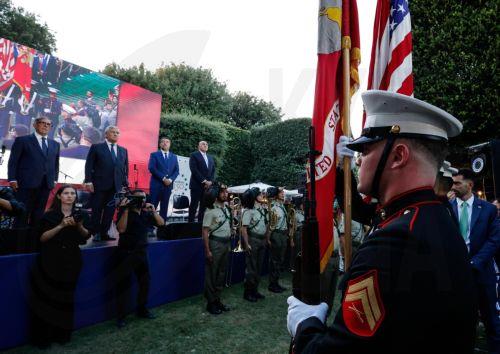 epa13081415 (L-R) Italian Senate President Ignazio La Russa, Italy's Minister for Foreign Affairs Antonio Tajani, Italian Minister of Sustainable Infrastructure and Mobility Matteo Salvini, and Italian Minister of Defence Guido Crosetto attend an event at Villa Taverna, the US ambassador's residence, to celebrate the upcoming US Independence Day, in Rome,...