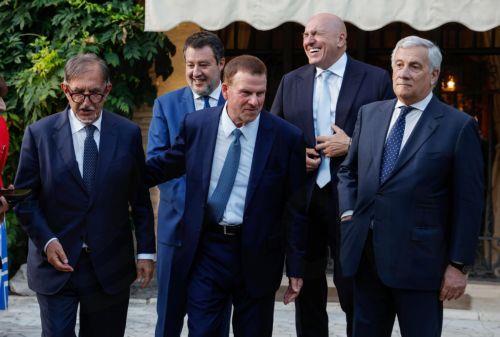 epa13081536 (L-R) Italian Senate President Ignazio La Russa, Italian Minister of Sustainable Infrastructure and Mobility Matteo Salvini, US Ambassador to Italy and San Marino Tilman Fertitta, Italian Minister of Defence Guido Crosetto, and Italy's Minister for Foreign Affairs Antonio Tajani attend an event at Villa Taverna, the US ambassador's residence, to...