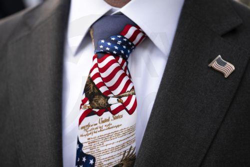 epaselect epa13081431 A man wearing a US-themed tie and a US flag pin attends an Independence Day celebration hosted by the US Embassy at Blumenrain, the official residence of the US ambassador to Switzerland and Liechtenstein, in Bern, Switzerland, 02 July 2026. The United States marks the 250th anniversary of the Declaration of Independence this year. ...