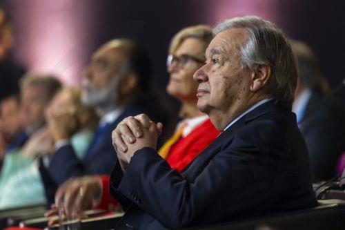 epa13090552 U.N. Secretary-General Antonio Guterres looks at a performance, during the opening ceremony of the Global Dialogue on AI Governance, at the Palexpo, in Geneva, Switzerland, 06 July 2026.  EPA/SALVATORE DI NOLFI