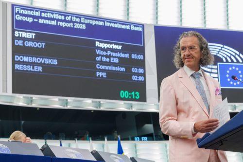 epa13092221 Member of European Parliament Joachim Streit speaks during the presentation of the 2025 annual report on the financial activities of the European Investment Bank (EIB) Group at a plenary session of the European Parliament in Strasbourg, France, 06 July 2026.  EPA/OLIVIER MATTHYS