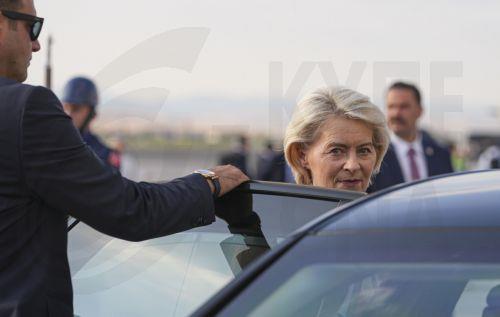 epa13092289 European Commission President Ursula von der Leyen arrives at Esenboga Airport ahead of the 2026 NATO Heads of State and Government Summit in Ankara, Turkiye, 06 July 2026. The summit will take place on 07–08 July, focusing on strengthening defense industrial production and securing long-term military aid for Ukraine.  EPA/METIN AKTAS / POOL