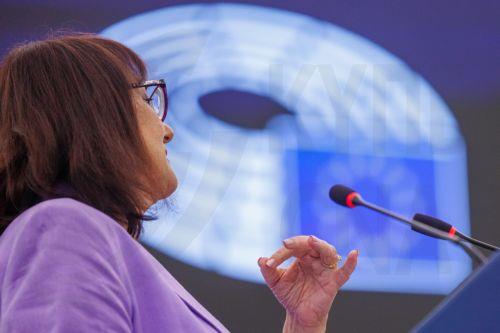 epa13097954 European Commissioner for the Mediterranean Dubravka Suica speaks during the Topical debate requested by a political group (S&D) (Rule 169) onThe EU’s role in the reconstruction of the Gaza Strip and the accountability of Israel under international law during the European Parliament session in Strasbourg, France, 08 July 2026.  EPA/OLIVIER...