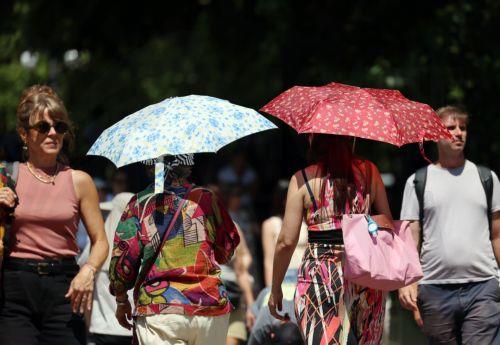 epa13098184 People shelter from the sun under umbrellas at St.James's Park in London, Britain, 08 July 2026. Amber and yellow heat-health alerts are in place across England as the UK braces for one of the longest-lasting heatwaves for fifty years. Temperatures may rise as high as 35 degrees Celsius for parts of southern England this week.  EPA/ANDY RAIN