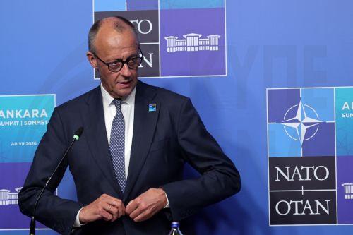 epa13098256 German Chancellor Friedrich Merz speaks during a press conference at the 2026 NATO Summit in Ankara, Turkey, 08 July 2026. The NATO Summit takes place from 07-08 July.  EPA/NECATI SAVAS