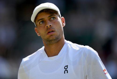 epa13098295 Flavio Cobolli of Italy gestures during his Men's Singles quarter-final match against Arthur Fery of Britain at the Wimbledon Championships in London, Britain, 08 July 2026.  EPA/DANIEL HAMBURY