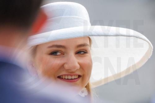 epa13124363 Princess Elisabeth greets people outside the St. Michael & St. Gudula Cathedral after the Te Deum mass during Belgium's National Day celebrations in Brussels, Belgium, 21 July 2026.  EPA/OLIVIER MATTHYS