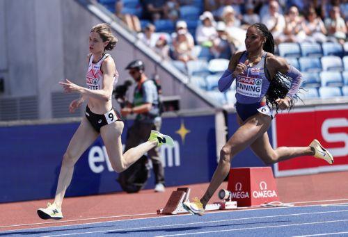 epa13166357 Amber Anning of Britain (R) and Helena Ponette of Belgium compete in a Women's 400m semi-final at the European Athletics Championships Birmingham 2026, in Birmingham, Britain, 13 August 2026.  EPA/TOLGA AKMEN
