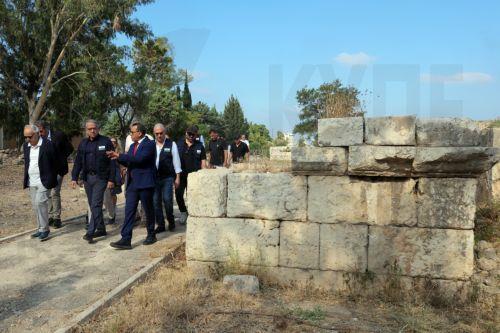 epa13180355 Lebanese Culture Minister Ghassan Salame (L) and UNESCO Director General Khaled El-Enany (2-L) during their visit to the al-Bass ruins district in Tyre, southern Lebanon, 20 August 2026. Israeli air strikes have hit areas in the ruins district and near the ancient Roman hippodrome during the conflict between Israel and Hezbollah, destroying...