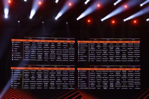 epa13196512 A display board shows the fixtures during the 2026/27 UEFA Europa League league phase draw at the Grimaldi Forum in Monaco, 28 August 2026.  EPA/SEBASTIEN NOGIER