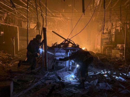 epa13219188 Ukrainian rescuers work at the site of a Russian drone strike on the last major shopping mall in Zaporizhzhia, Ukraine, 07 September 2026, amid the Russian invasion. The City Center shopping mall has been closed since the beginning of September due to persistent shelling of civilian infrastructure, and no casualties were reported in the strike,...