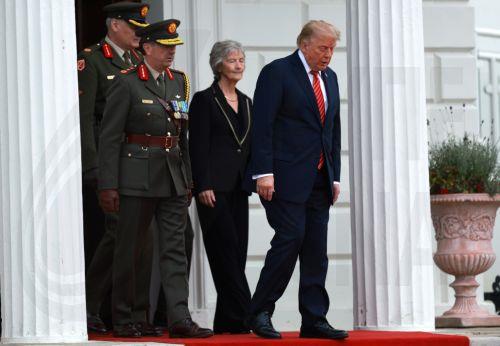 epa13233636 Ireland's President Catherine Connolly (L) meets US President Donald Trump (R) at the Aras an Uachtarain in Dublin, Ireland, 12 September 2026. The US president is on a two-day visit to Ireland, including a visit to his golf course in Doonbeg.  EPA/NEIL HALL