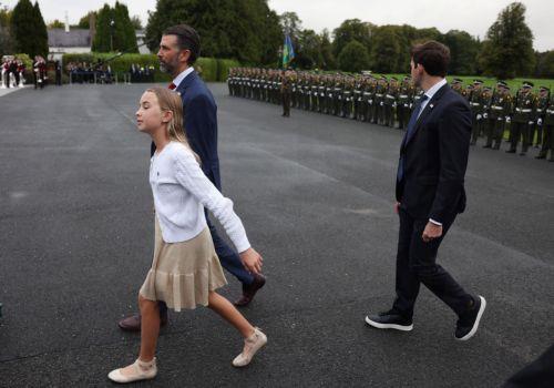 epa13233639 Donald Trump Jr. (C) arrives at the Aras an Uachtarain in Dublin, Ireland, 12 September 2026. The US president is on a two-day visit to Ireland, including a visit to his golf course in Doonbeg.  EPA/NEIL HALL