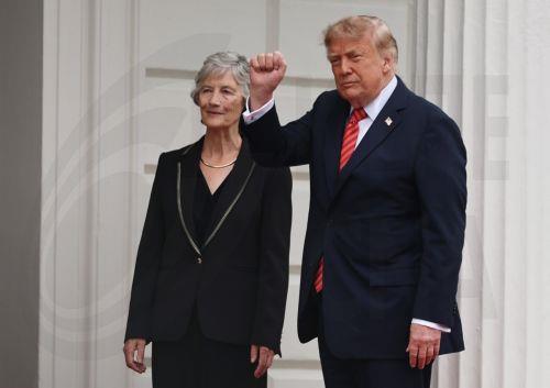 epa13233643 Ireland's President Catherine Connolly (R) greets US President Donald Trump (L) at Aras an Uachtarain in Dublin, Ireland, 12 September 2026. The US president is on a two-day visit to Ireland, including a visit to his golf course in Doonbeg.  EPA/NEIL HALL