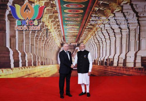 epa13233824 Russian President Vladimir Putin (L) is welcomed by Indian Prime Minister Narendra Modi during an official welcome ceremony for leaders of BRICS member states in New Delhi, India, 12 September 2026. India hosts the 18th BRICS Leaders' Summit from 12 to 13 September 2026 under the theme 'Building for Resilience, Innovation, Cooperation and...