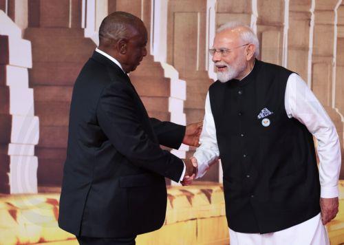 epa13233830 South African President Cyril Ramaphosa (L) is welcomed by Indian Prime Minister Narendra Modi during an official welcome ceremony for leaders of BRICS member states in New Delhi, India, 12 September 2026. India hosts the 18th BRICS Leaders' Summit from 12 to 13 September 2026 under the theme 'Building for Resilience, Innovation, Cooperation and...