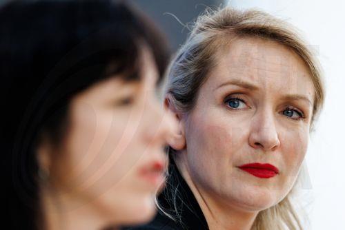 epa13254122 The Left Party (Die Linke) federal party co-leader Ines Schwerdtner (R) looks at The Left party (Die Linke) top candidate for the Berlin House of Representatives election 2026 Elif Eralp during a press conference with representatives of the The Left (Die Linke) at the Federal Press Conference in Berlin, Germany, 21 September 2026. Elections for...