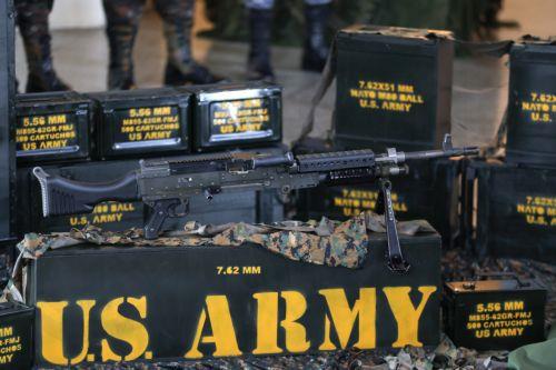 epa13254718 Weapons are displayed during the reception of a shipment purchased from the United States in Guatemala City, Guatemala, 21 September 2026. The shipment is the first such delivery since a US arms embargo imposed in 1978 was lifted in March 2026, and the weapons are intended to strengthen operations against drug trafficking and transnational...